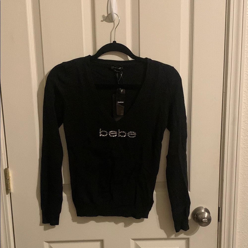 Bebe Black Fitted Long Sleeve V-Neck Sweater